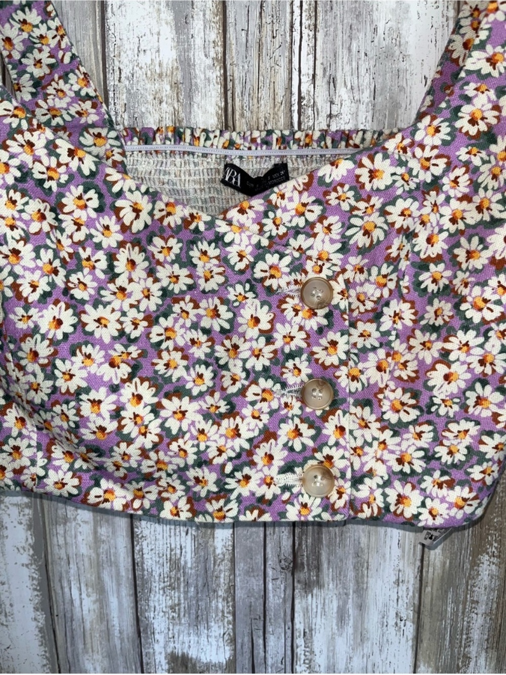 Zara Linen Blend Purple Daisy Floral Crop Top Smocked Back Button Front S - Picture 3 of 6